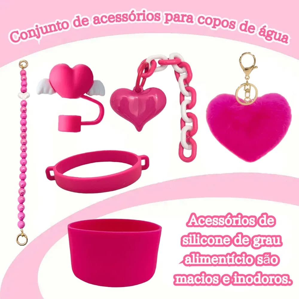 Kit Completo Acessórios Copo 40oz 30oz Rosa Coração Corrente Pérola Capa Silicone Tampa Canudo Pingente Fofo