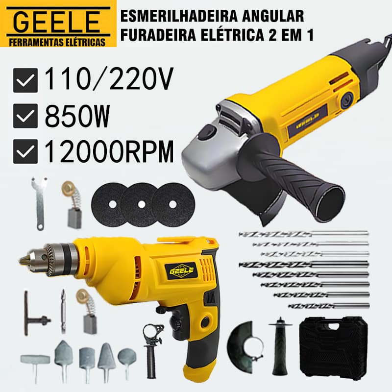 Furadeira Profissional 850W 10mm e ESMERILHADEIRA 850W KIT 2 EM 1 Com Estojo Rígido 220V