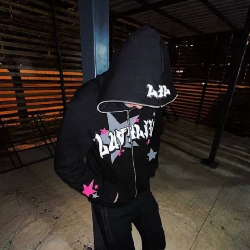 Estilo gótico carta estrela de cinco pontas impresso Hoodie outono inverno Y2K estilo americano zíper moletom camisa na