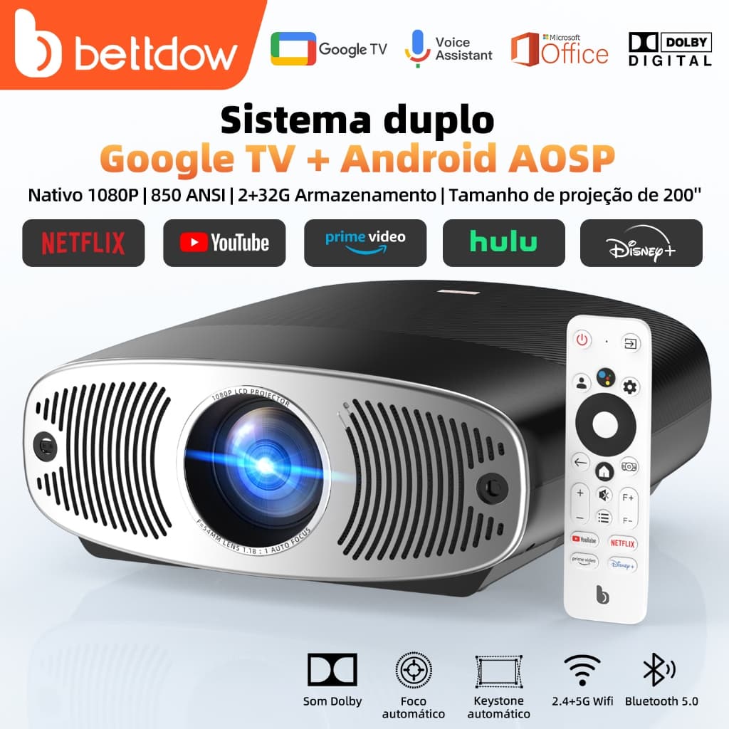 Projetor Bettdow 4K 25000 Lumens Full HD 1080p Compatível Com Android 9.0 Original Netflix + Google TV , 850 ANSI