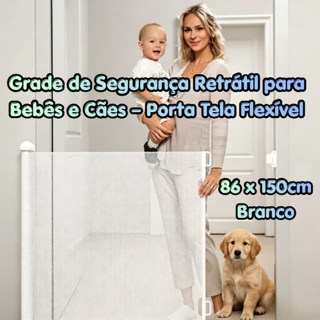 Branco Portão Retrátil 150cm Tela Segurança Bebê Pet Cercadinho