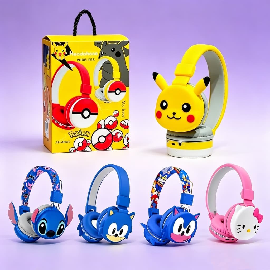 Pikachu Fone de Ouvido Bluetooth Infantil Sem Fio Dobrável Volume Seguro Presente para Crianças