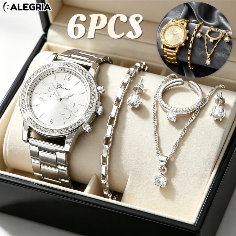 Relógio Feminino de Quartzo com Diamantes – Conjunto de Pulseira de Aço Inoxidável Para Aniversário-AE