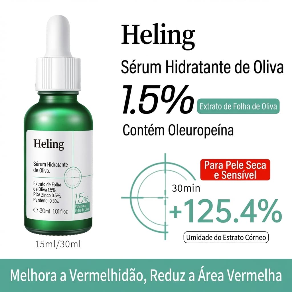 Sérum Hidratante de Oliva, Repara e Acalma Vermelhidão, Ideal para Pele Sensível e Acneica