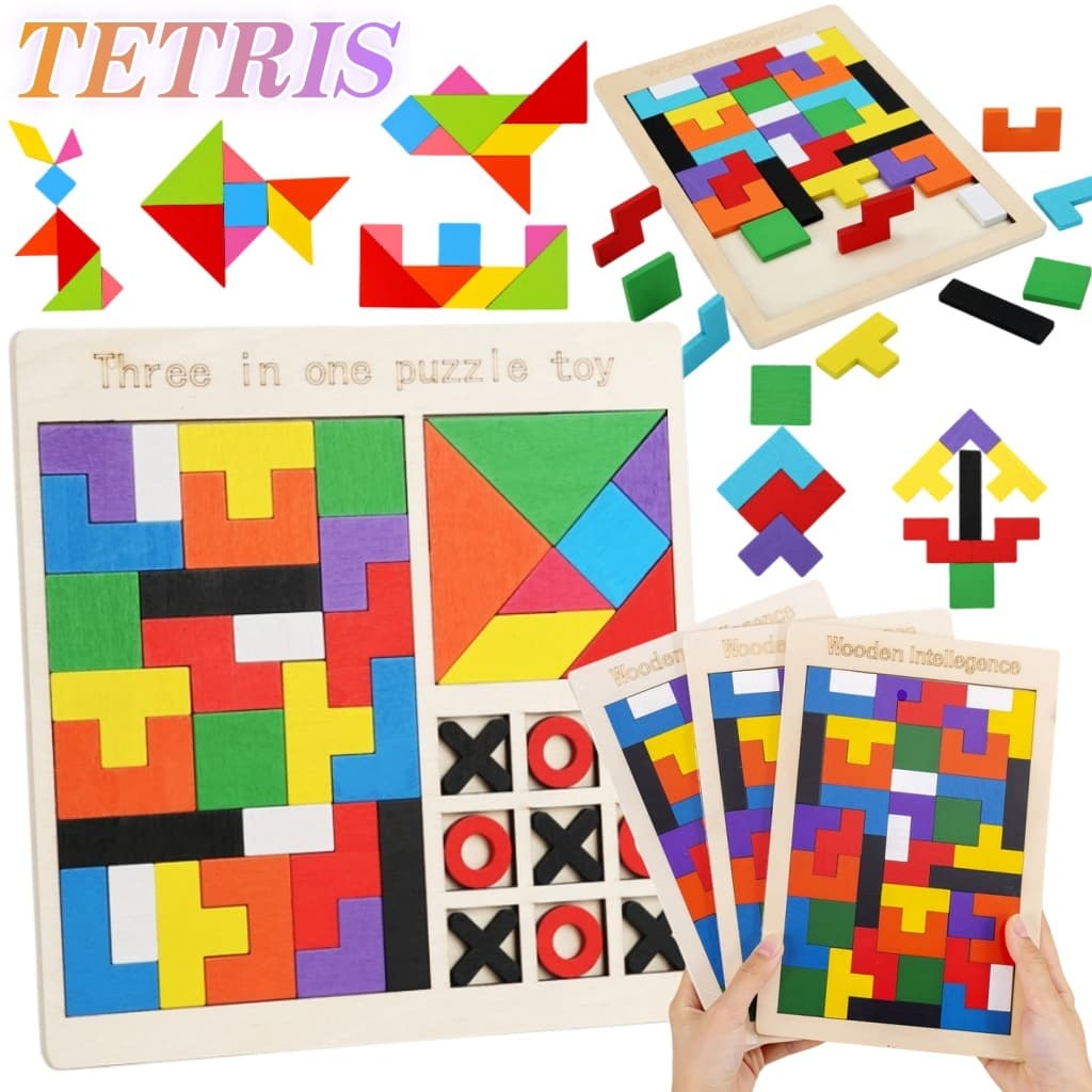 3D TETRIS Quebra-Cabeça 3 EM 1 Montessori Brinquedo Jogo Da Velha Educativo 3D Colorido Tangram De Madeira Infantil