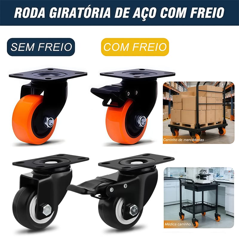 Kit 2/4/6/8 Rodinhas Rodízios Rodas Moveis Com Base Giratória Freio e Trava Rodízio Anti-risco Reforçada Laranja/Preto