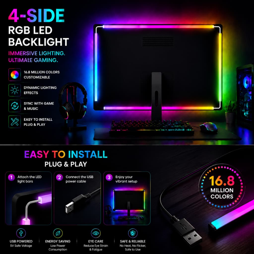 WACUAAO Faixa De LED RGBIC Com Luz De Fundo De Monitor De 4 Lados Sincronização De Tela Reativa E Ritmo Musical Controle