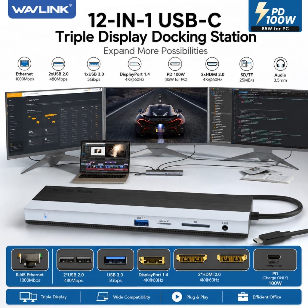 Estação De Acoplamento WAVLINK USB C 12 Em 1 MST HUB 4K @ 60 Hz Com DisplayPort , HDMI , PD De 85 W , 2.0/3.0 , Gigabit