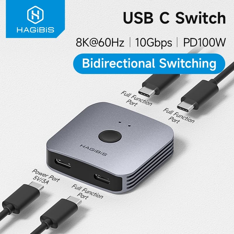 Hagibis USB C Switch Bidirecional Splitter 1 Em 2 Saídas/2 1 Saída Switcher 10 Gbps 100 W Para Laptop Macbook Thunderbol