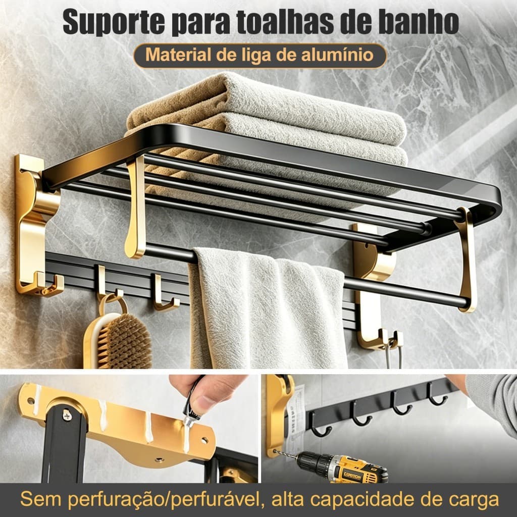 Suporte De Toalhas De Parede Reforçado Em Liga De Alumínio, Adesivo/Com Furos Banheiro Acessórios