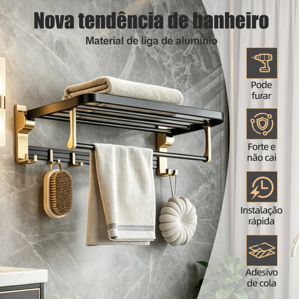 Toalheiro De Parede Premium Porta, Grosso Em Alumínio Com Gancho, Adesivo/Com Furos Facil Instalação
