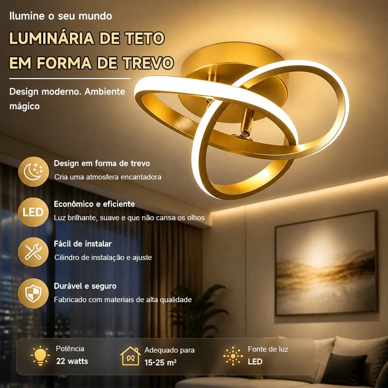 Luminária de teto LED em forma de trevo dourado em estilo moderno, ideal para salas de estar e quartos 110-220v