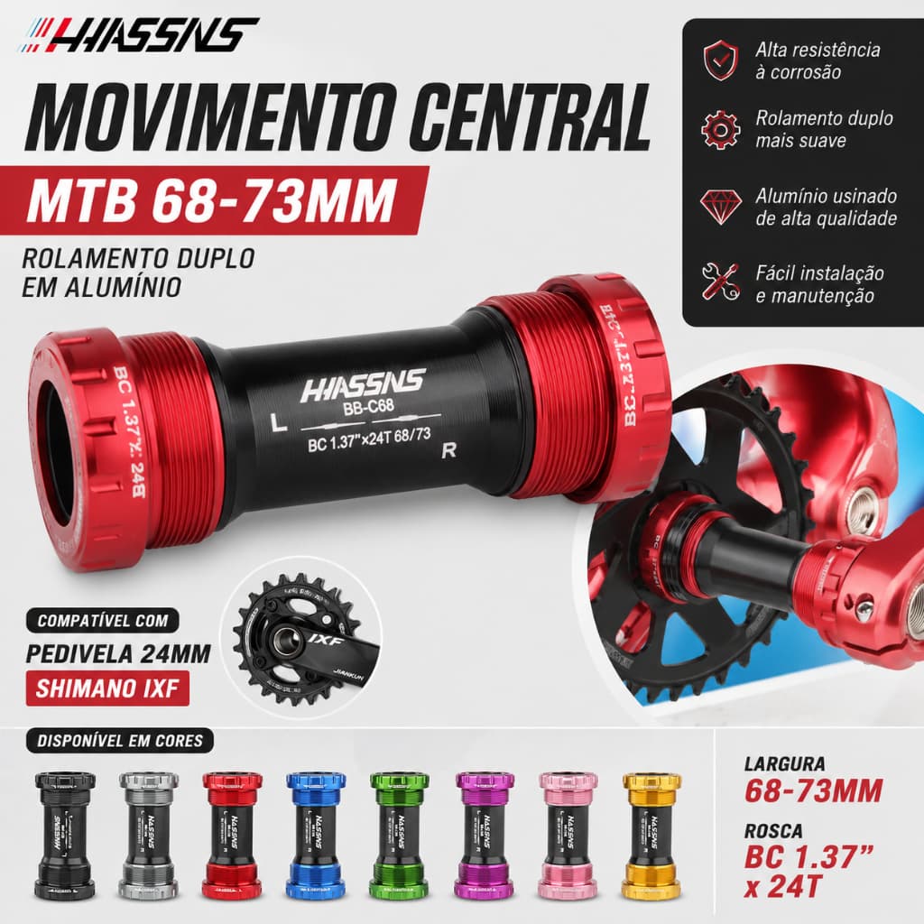 HASSNS Movimento Central MTB 68-73mm Rolamento Duplo em Alumínio Compatível com Pedivela 24mm Shimano IXF