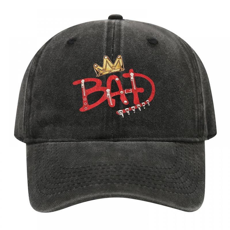 Boné De Beisebol Preto Lavado Vintage Masculino E Feminino-Michael Jackson " BAD " Álbum Estampado Com Coroa Zíper Desig