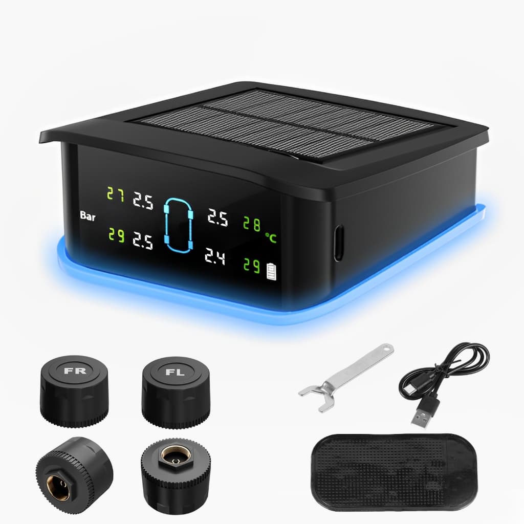 Monitor Solar De Pressão Dos Pneus TPMS Sem Fio Grande LCD Luz De Alertas Coloridos 4 Sensores Conjunto De Acessórios De