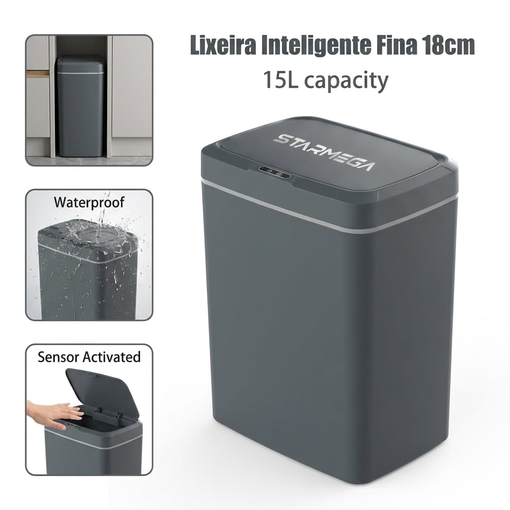 Lixeira 15L com Sensor Infravermelho - Tampa Automática sem Toque para Casa e Escritório