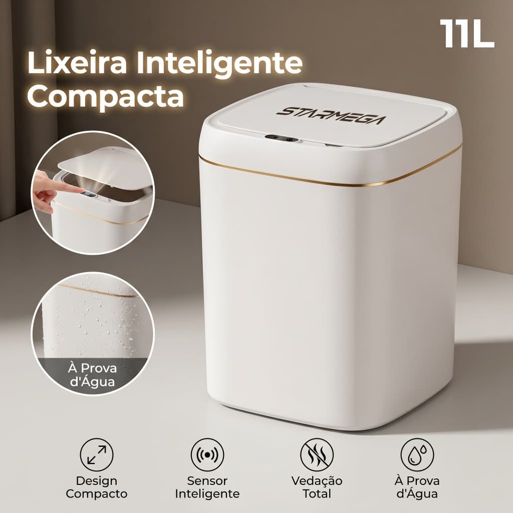 Lixeira 11L Sensor Infravermelho - Automática sem Toque com Tampa para Cozinha e Banheiro