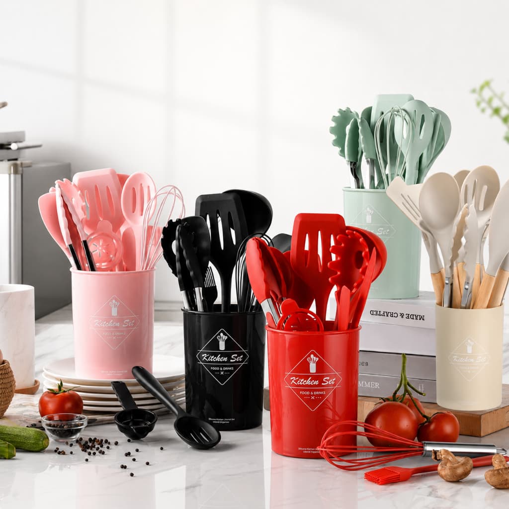 Conjunto De Utensílios De Cozinha De Silicone Antiaderente Espátula Colher Batedor Pinças Ferramentas