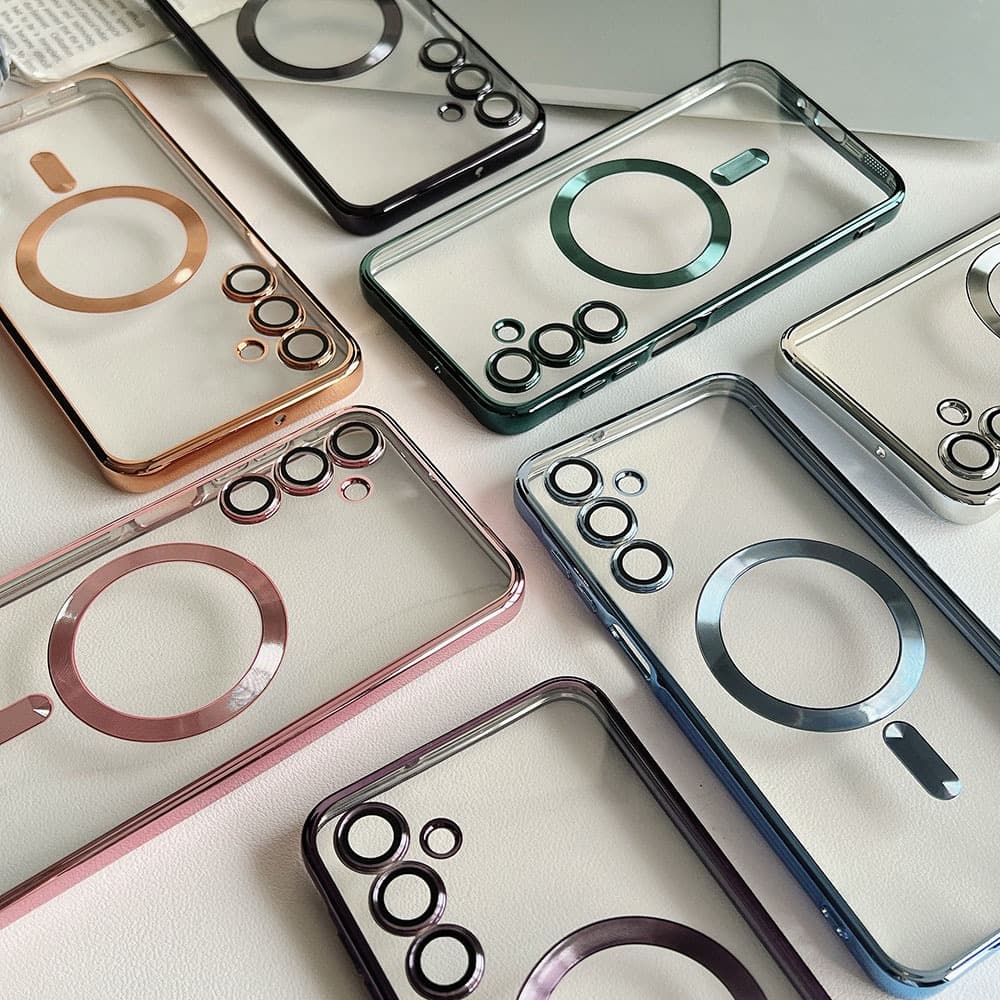 Lente magnética transparente para capa de telefone Samsung com suporte resistente a choques e carregamento sem fio