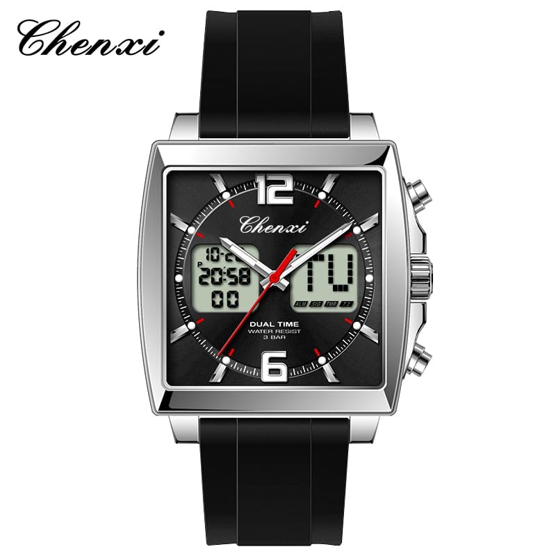 Moda Casual Masculino Relógio Esportivo Mostrador Quadrado Duplo Tempo CHENXI Relógios Pulseira De Silicone