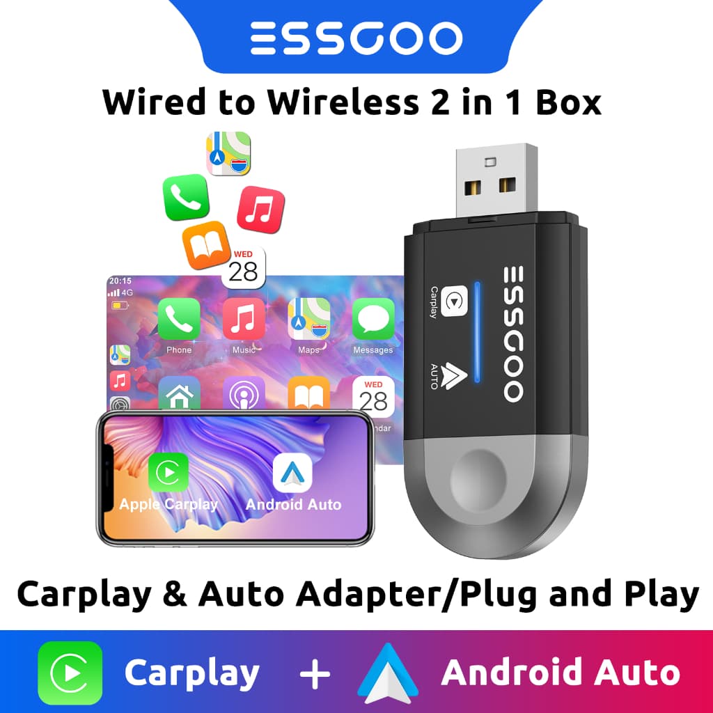 ESSGOO Mini 2 Din 1 Adaptador com fio para sem fio Carplay e Android Auto Dongle Inteligente Plug and Play WiFi BT 5.0