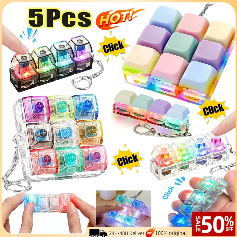 5 Unidades LED Teclado Chaveiro Brinquedo Fidget Luz RGB DIY Botão Clicável Alívio Do Estresse Acessório De Mesa Portáti