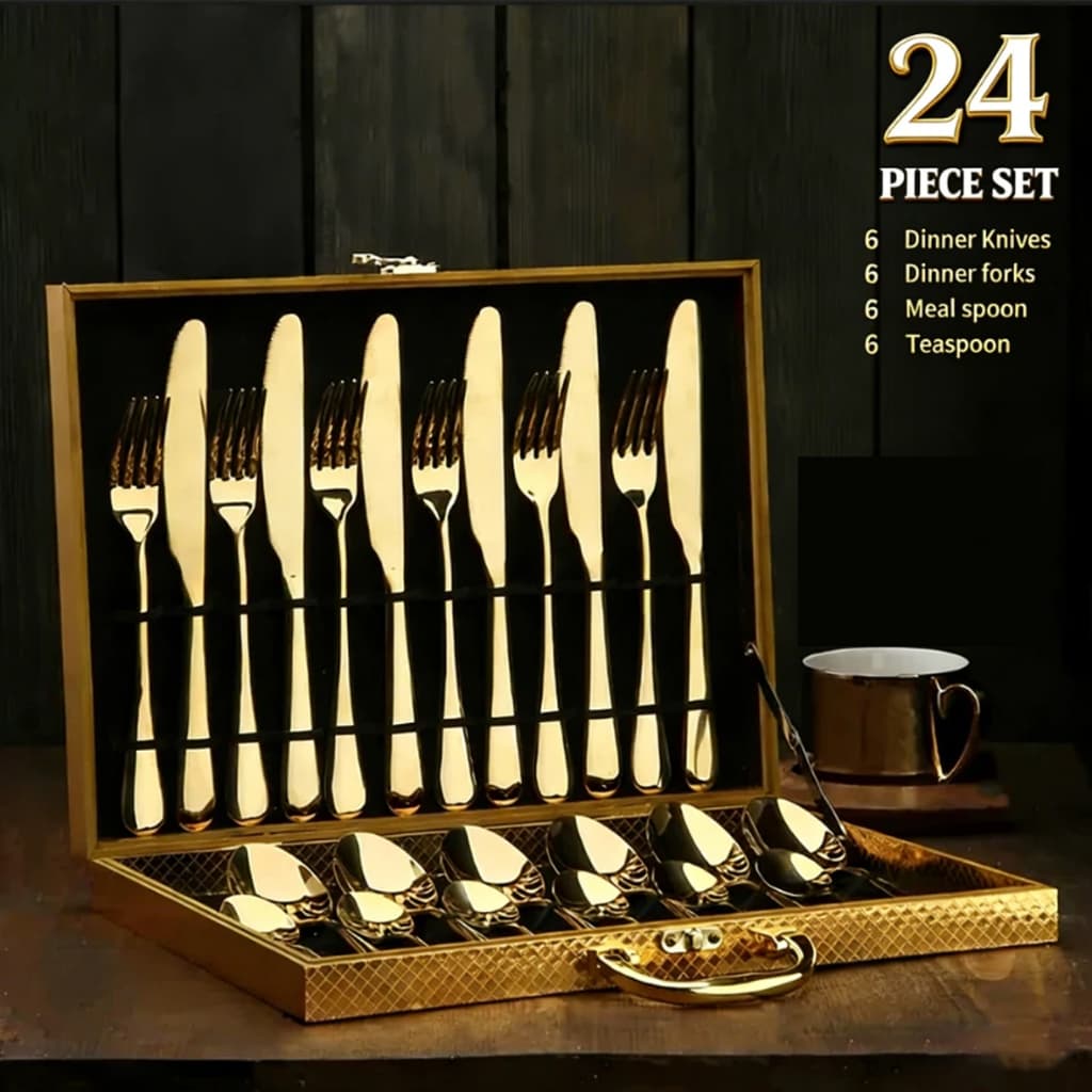 Kit Faqueiro Talheres 24 Peças Inox Dourado Premium Luxo com Maleta de Madeira para Cozinha Jantar