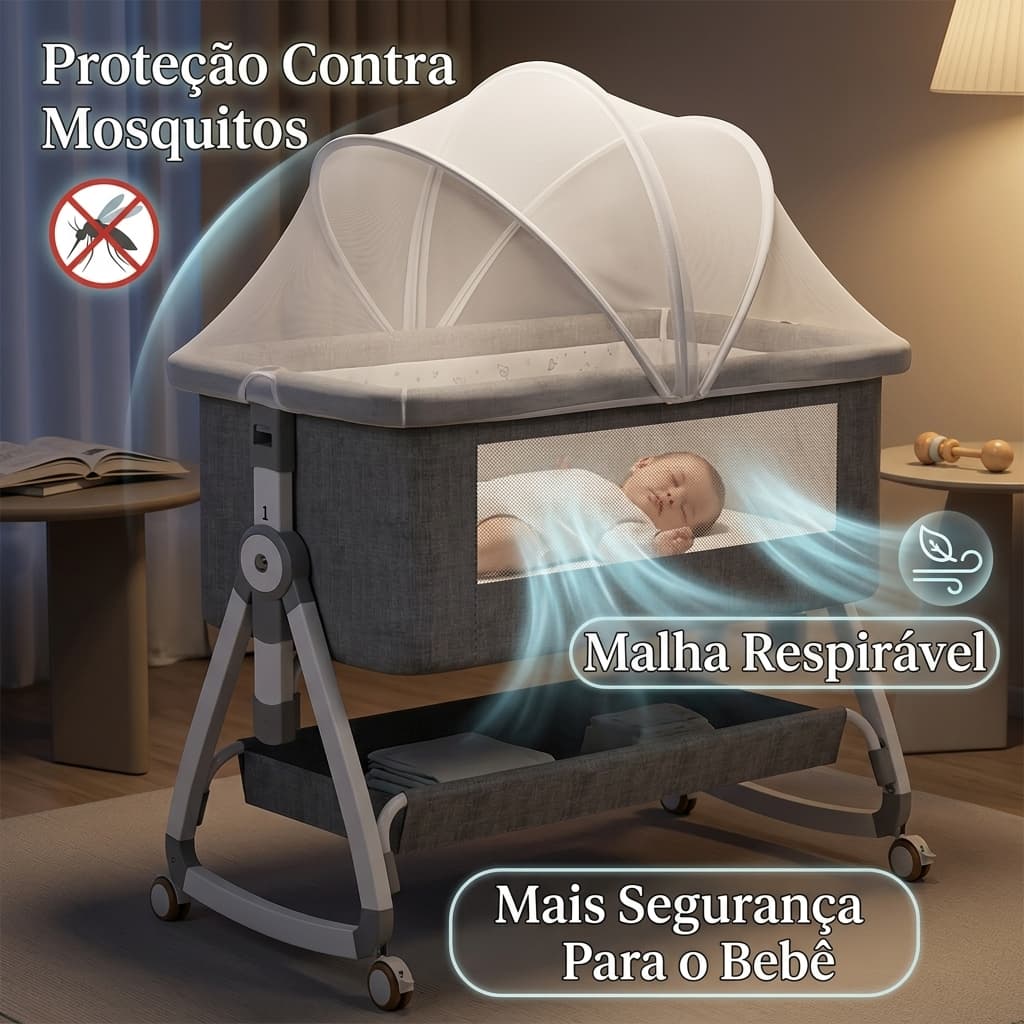 SOLARA BABY Berço Portátil Para Bebê Com Rede Mosquiteira E Altura Ajustável
