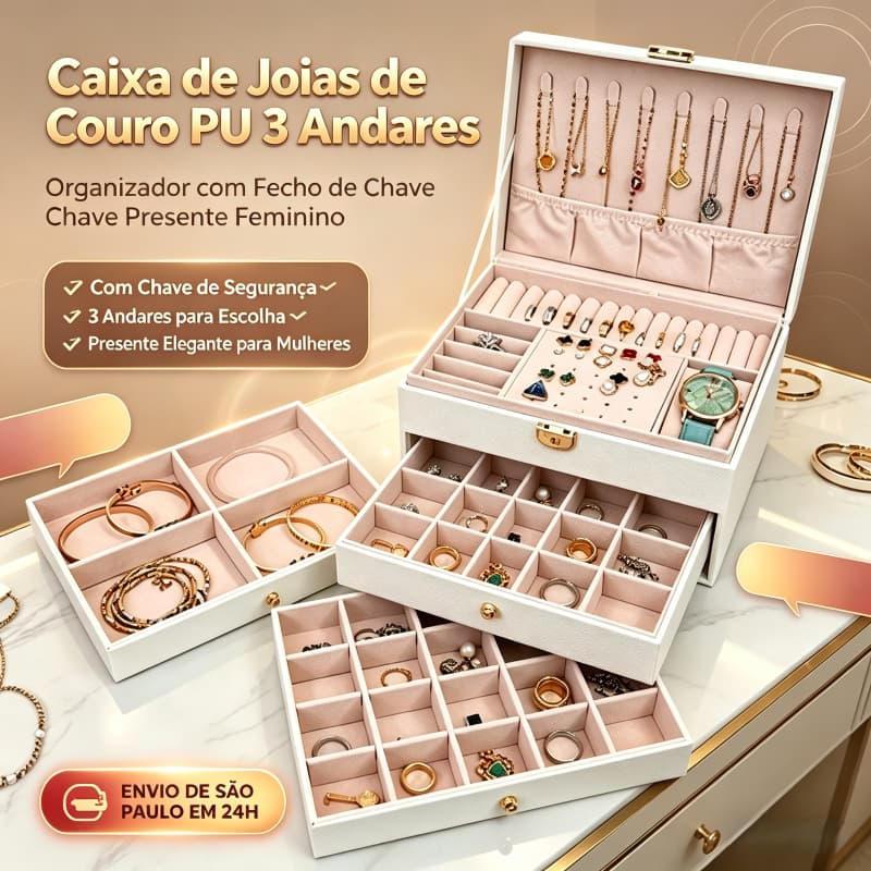 3 Layer PU Leather Jewelry Box for Women, Lockable Jewelry Organizer with Ring Slots Necklace Hooks for Earrings Bracele