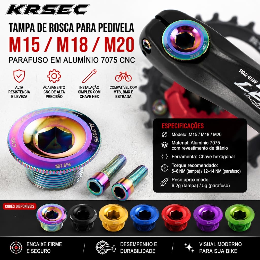 KRSEC Tampa de Rosca Pedivela M15 M18 M20 Parafuso Alumínio 7075 CNC Peça de Bicicleta MTB BMX Estrada
