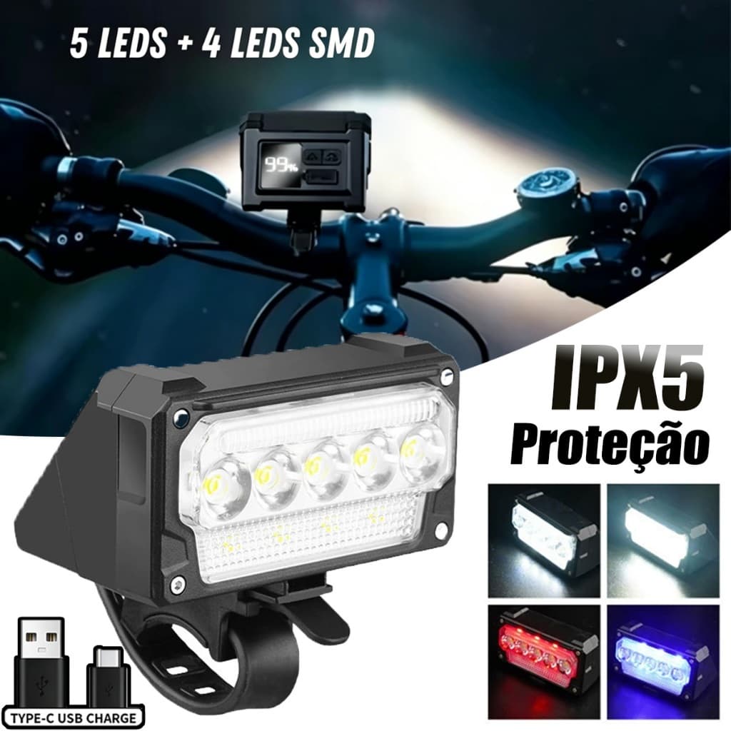 Sinalizador Bicicleta Farol Led Bike Recarregável USB Lanterna Luz Dianteira Lúmens Super Continuação Potente Noturno