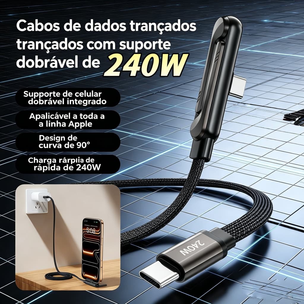 1,5M Cabo De Carregamento 2 Em 1 Tipo C De 240 W-Suporte De Telefone Integrado , Perfeito Para Jogos E Uso Carro