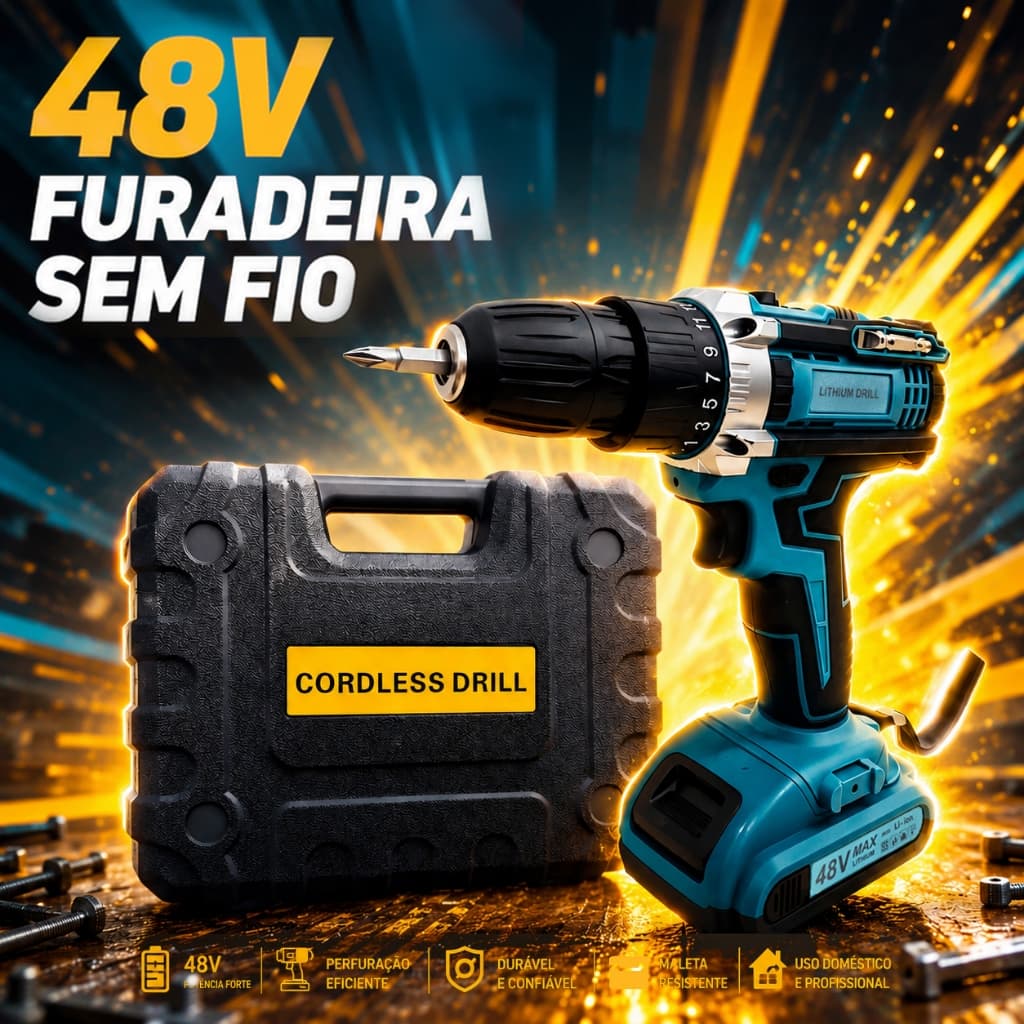 Parafusadeira Furadeira 48V Sem Fio Kit Completo | Dupla Função com 2 Baterias e Maleta de Ferramentas