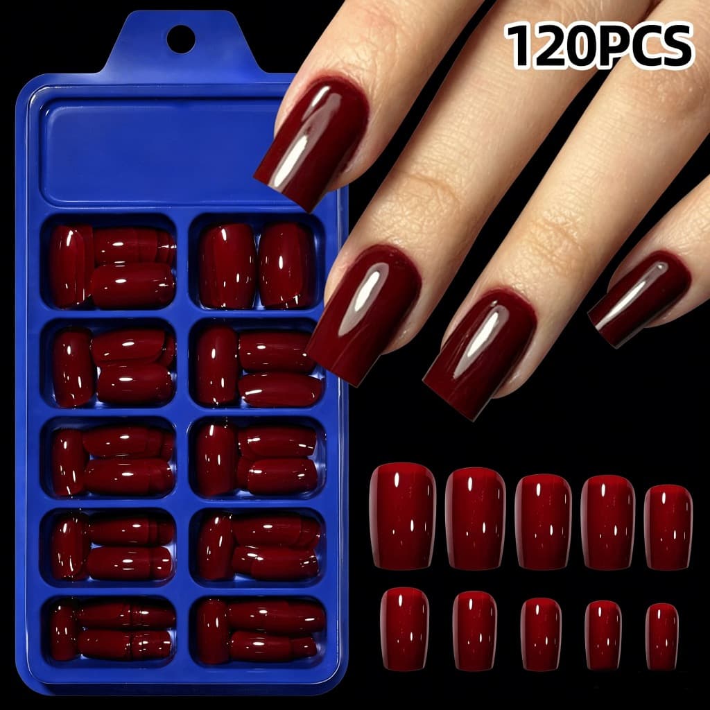 120 Peças De Pontas De Unhas Quadradas Curtas De Alta Qualidade Vinho Tinto , Brilhantes E Brancas , Vestíveis Reutilizá