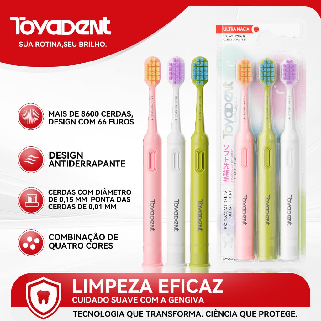ToyaDent Kit Escova de Dentes para Adultos, 3 Cores, Cerdas Macias de 0.15 mm+Base Ventosa