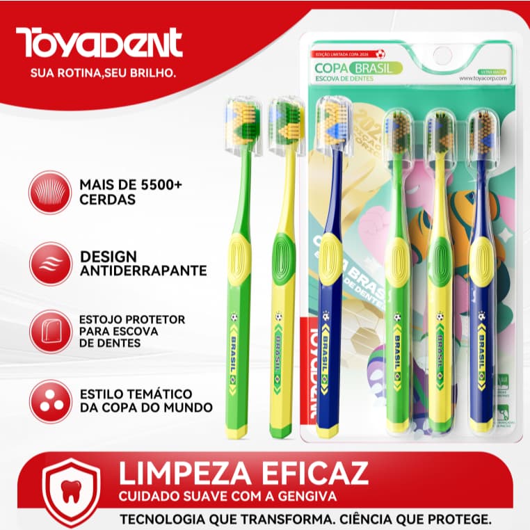 ToyaDent Escova de Dente, 3 Unidades + Protetor, Série Copa do Mundo