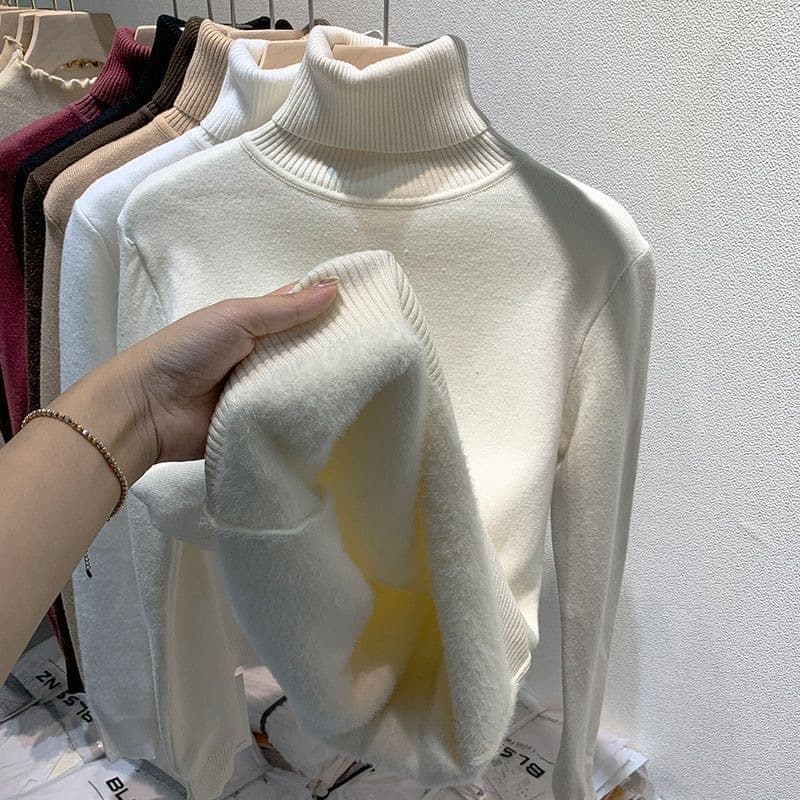 Forro de lã de pescoço alto engrossado camisa de fundo feminino outono inverno novo estilo clássico All-Match quente Swe