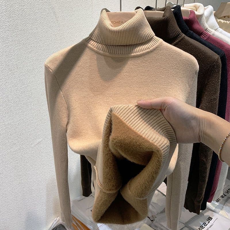 Camisa de fundo quente de gola alta feminina outono inverno novo estilo forro de lã engrossado Plus Size camisola cáqui