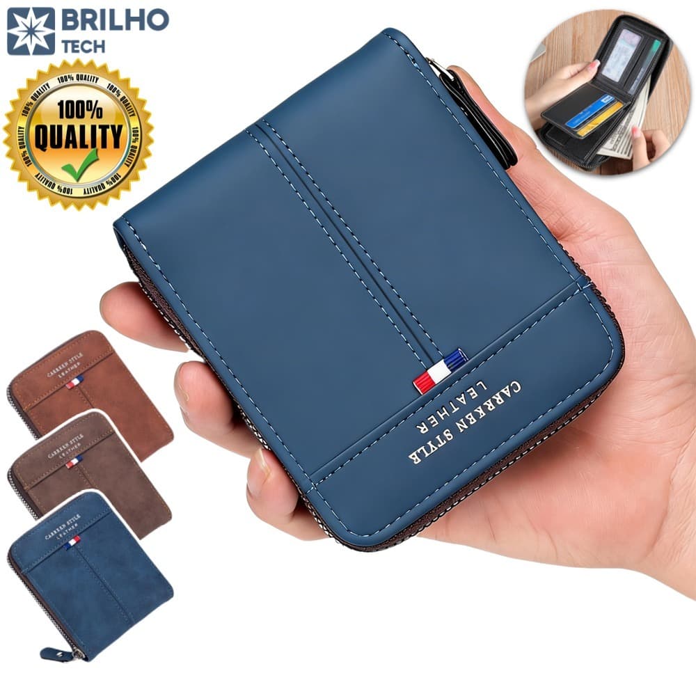 Carteira masculina, carteira dobrável de Couro com Zíper Carteira Curta Multifuncional Porta-Cartõ,Presentes