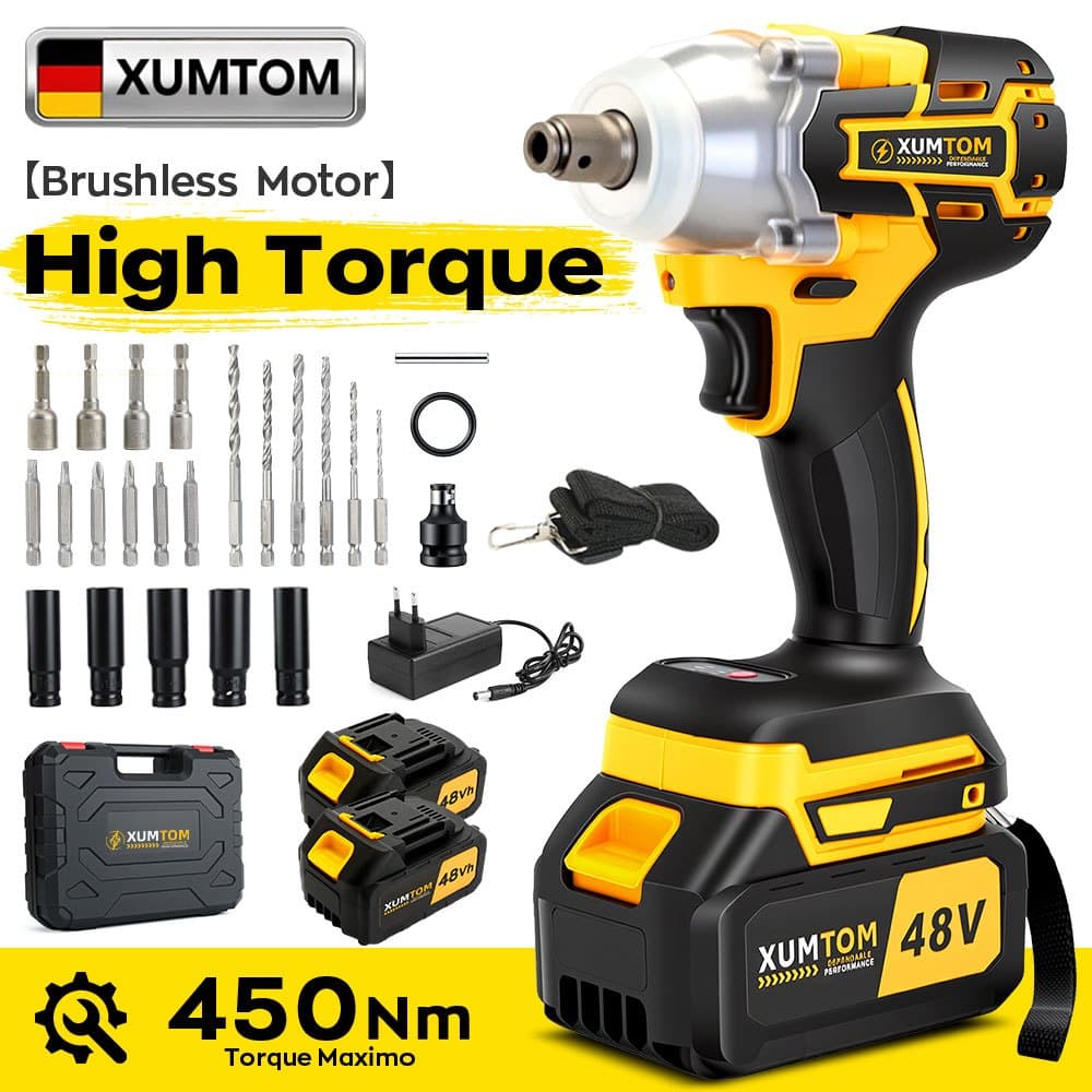 Chave de Impacto Sem Fio 48V Alta Torque 2 Baterias 1 Carregador 28 Acessórios Caixa Ferramentas Reparo Auto
