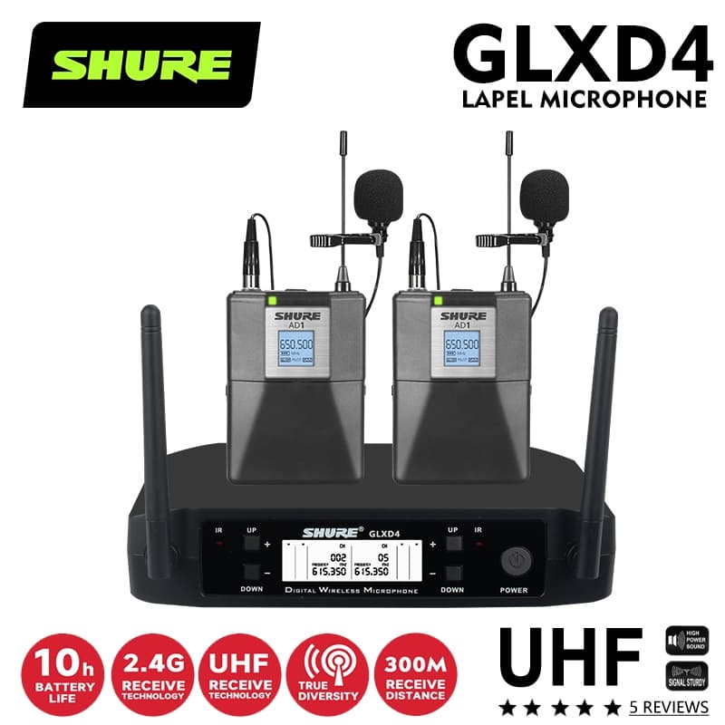 Conjunto de microfone de lapela sem fio SHURE GLXD4-V2-LAPEL, transmissor de bolsa de cintura portátil, transmissão de s
