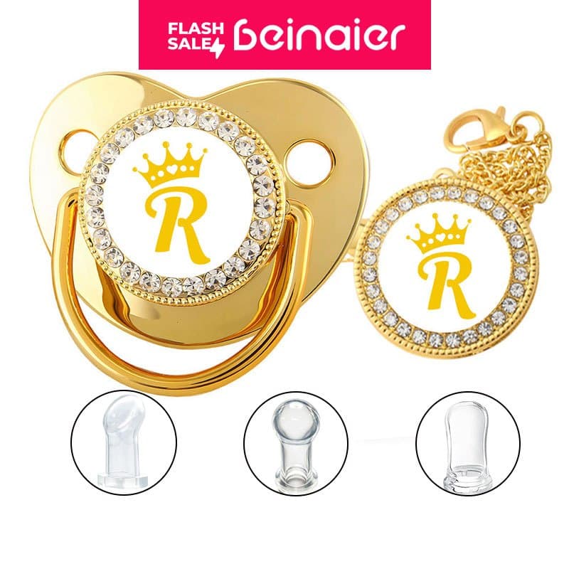 Chupeta De Bebê Com Letra Inicial Dourada Corrente Bico De Silicone BPA Free