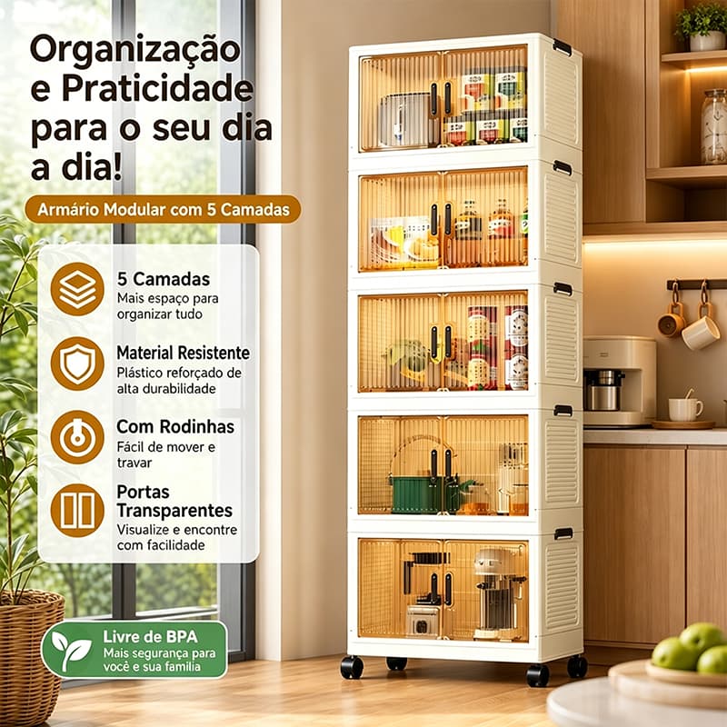 Armário de Armazenamento Dobrável Empilhável com Rodas, Organizador Multiuso 5 Portas