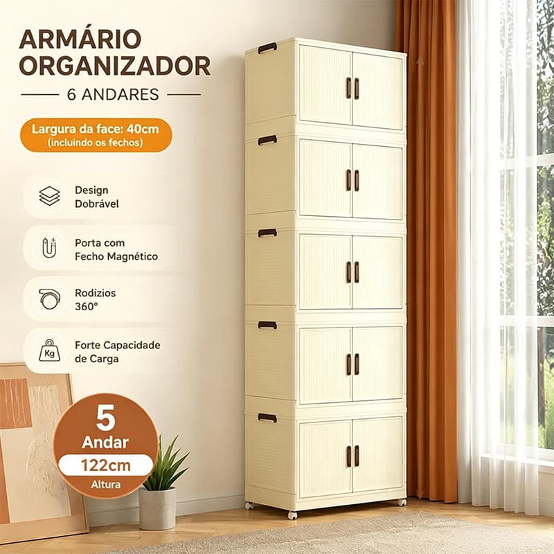 Armário Organizador 5 Portas Dobrável Empilhável com Rodas, Ideal para Quarto Sala Closet Resistente Fácil de Montar