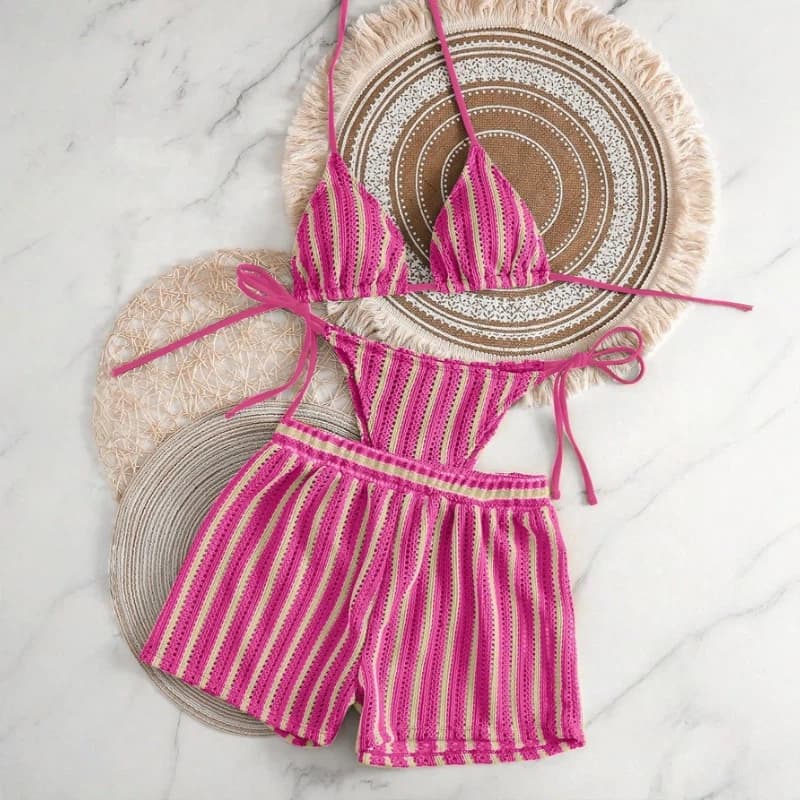 Biquíni Feminino De Malha De 3 Peças + Shorts Boxer , Conjunto De Maiô Multicolorido
