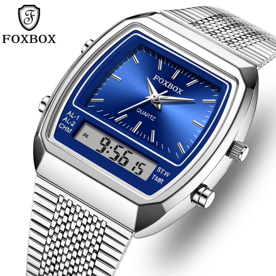 Foxbox Moda Relógio Masculino Pulseira De Aço Quartzo Esporte Duplo Tempo Semana Display Digital De Pulso À Prova Dwater