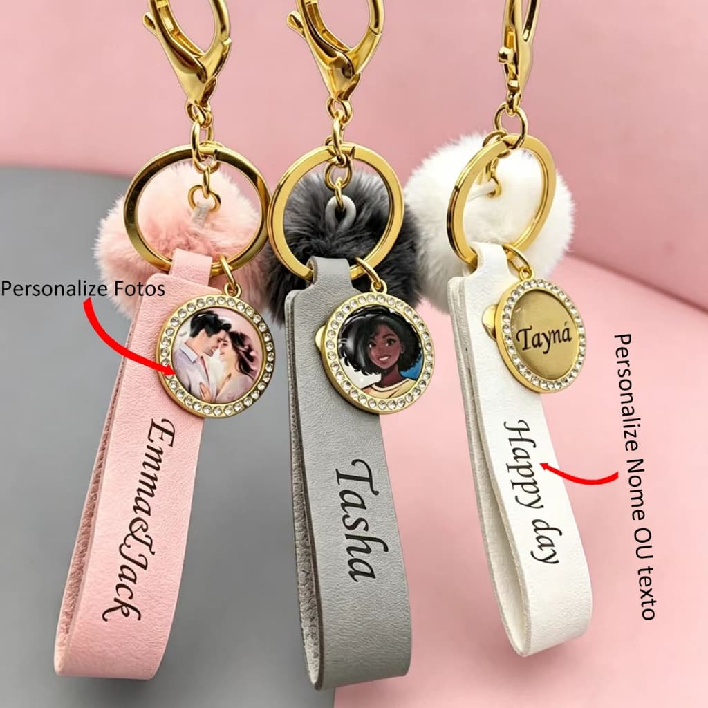 Chaveiro Personalizado com Gravação de Nome e Foto, Couro PU, Pom Pom, Pingente para Bolsa