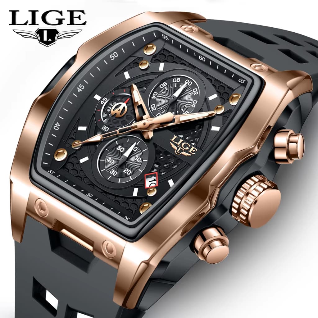 LIGE Relógio Masculino À Prova D'água Luminoso Cronógrafo Data Movimento De Quartzo Pulseira De Silicone De Pulso + Caix