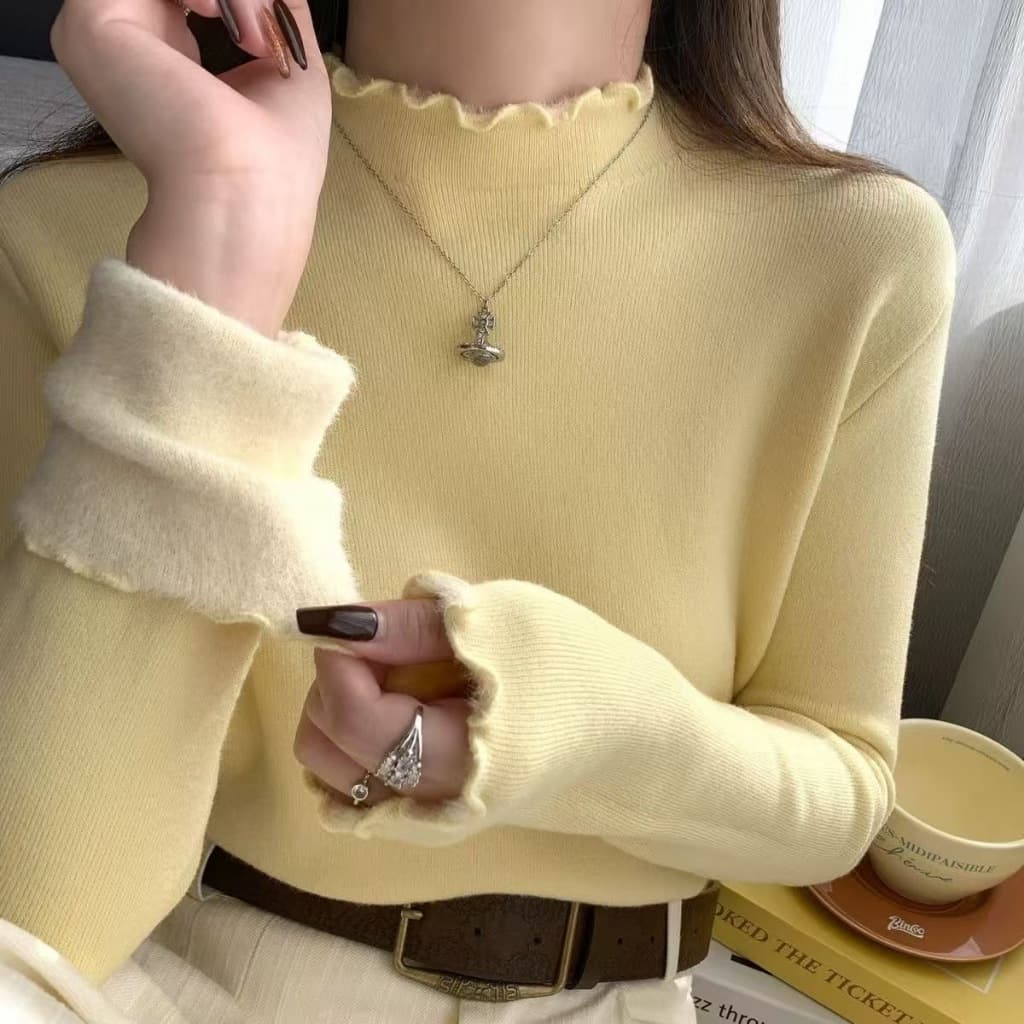 Forro de lã de pescoço médio engrossado camisa de fundo feminino outono inverno novo estilo elegante olhar mais magro