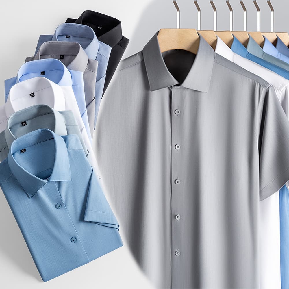 Camisa masculina de manga curta Modal misturada de seda amoreira, camisa de manga curta sem ferro de verão de seda gelad